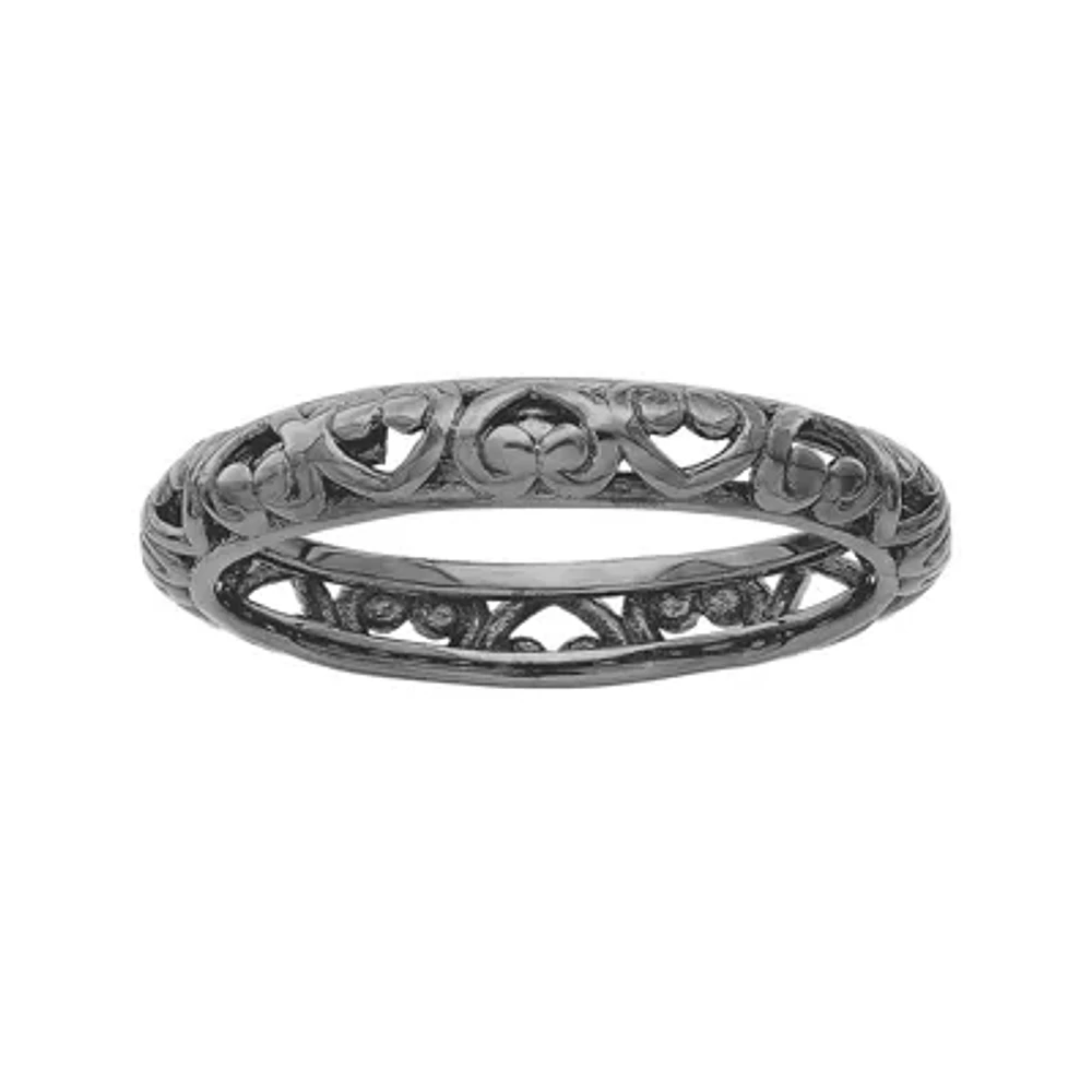 Personally Stackable Black Sterling Silver Carved Filigree Ring