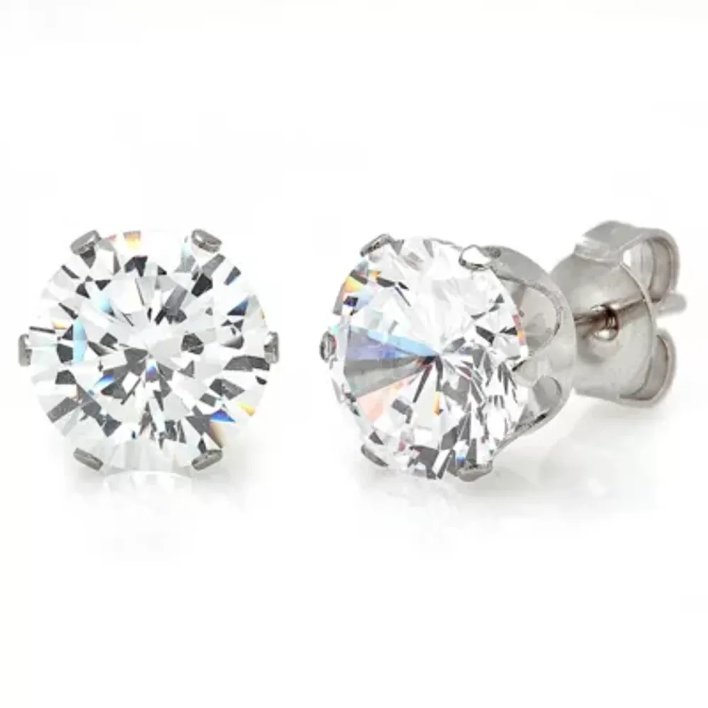 White Cubic Zirconia Stainless Steel 8mm Stud Earrings