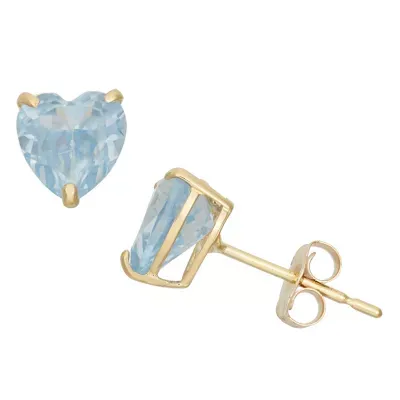 Lab Created Blue Aquamarine 10K Gold 6.1mm Heart Stud Earrings