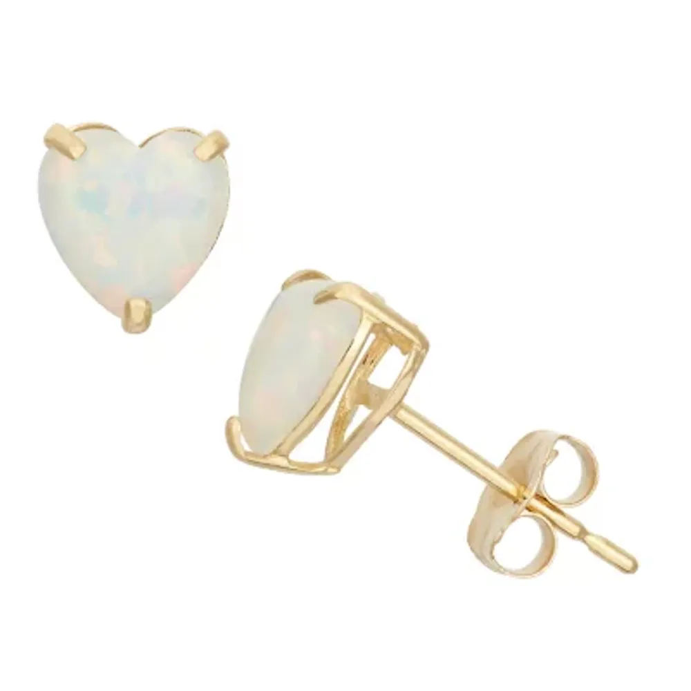 Lab Created White Opal 10K Gold 6.1mm Heart Stud Earrings