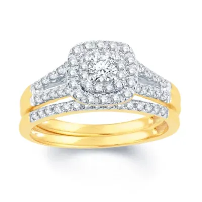 Womens 1/2 CT. T.W. Natural White Diamond Cushion Side Stone Halo Bridal Set