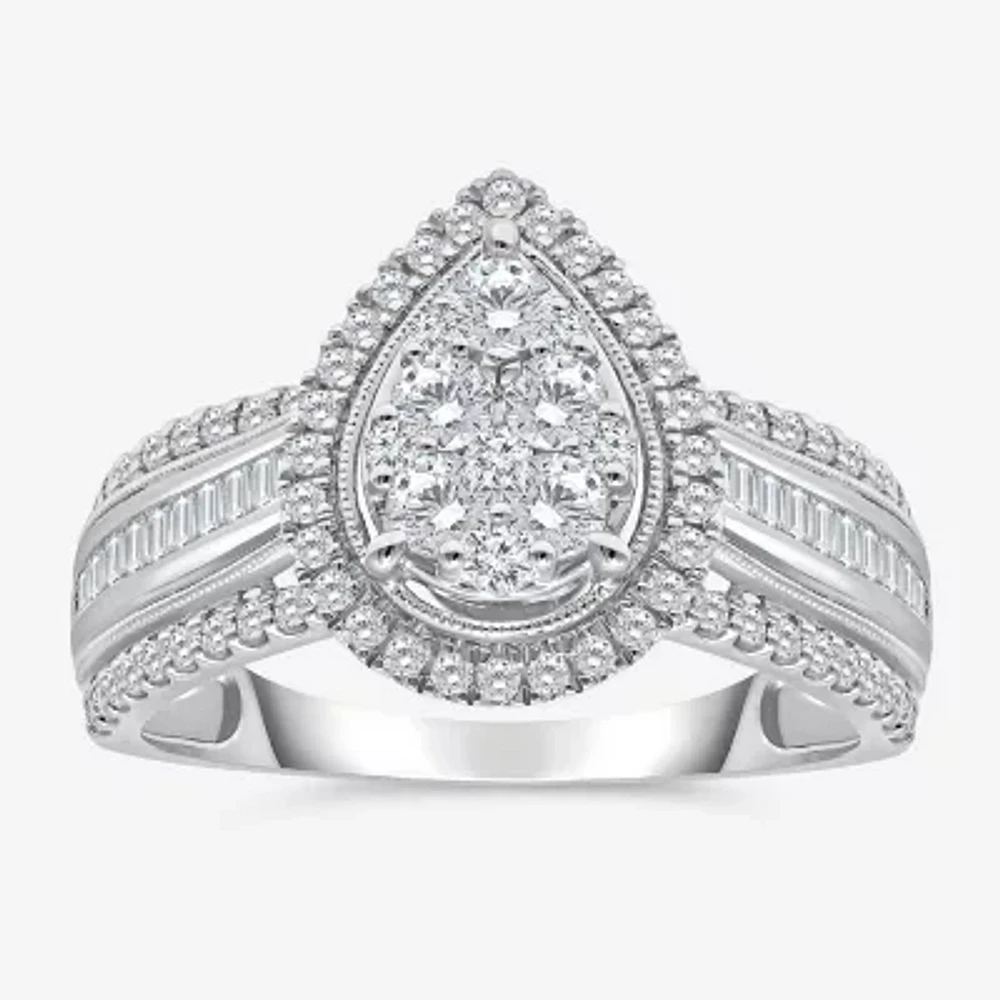 Womens 1 CT. T.W. Natural White Diamond 10K Gold Pear Side Stone Halo Engagement Ring