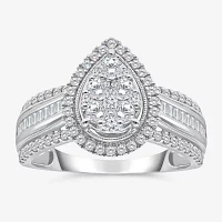 Womens 1 CT. T.W. Natural White Diamond 10K Gold Pear Side Stone Halo Engagement Ring