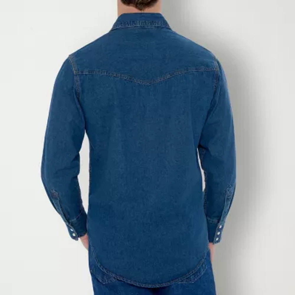 Ely Cattleman Denim Washed Snap Mens Classic Fit Long Sleeve Button-Down Shirt