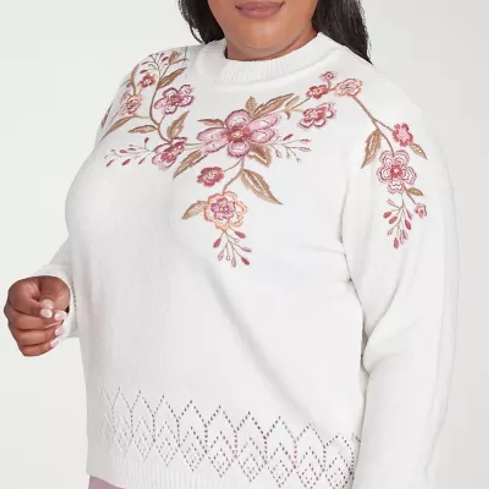 Alfred Dunner Plus Telluride Womens Mock Neck Long Sleeve Floral Pullover Sweater