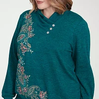 Alfred Dunner Plus French Quarter Womens V Neck Long Sleeve Sweatshirt