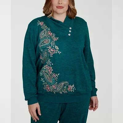 Alfred Dunner Plus French Quarter Womens V Neck Long Sleeve Sweatshirt