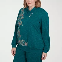 Alfred Dunner Plus French Quarter Womens V Neck Long Sleeve Sweatshirt