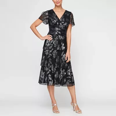 S. L. Fashions Floral Womens Short Sleeve Midi Fit + Flare Dress