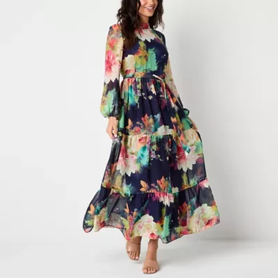 Melonie T Womens Long Sleeve Floral Maxi Dress