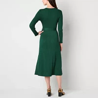 Studio 1 Womens Long Sleeve Belted Midi Sweater Dress