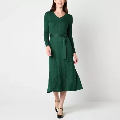 Studio 1 Womens Long Sleeve Belted Midi Sweater Dress