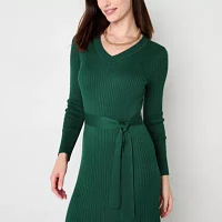 Studio 1 Womens Long Sleeve Belted Midi Sweater Dress