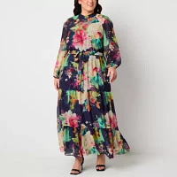 Melonie T Womens Long Sleeve Floral Maxi Dress Plus