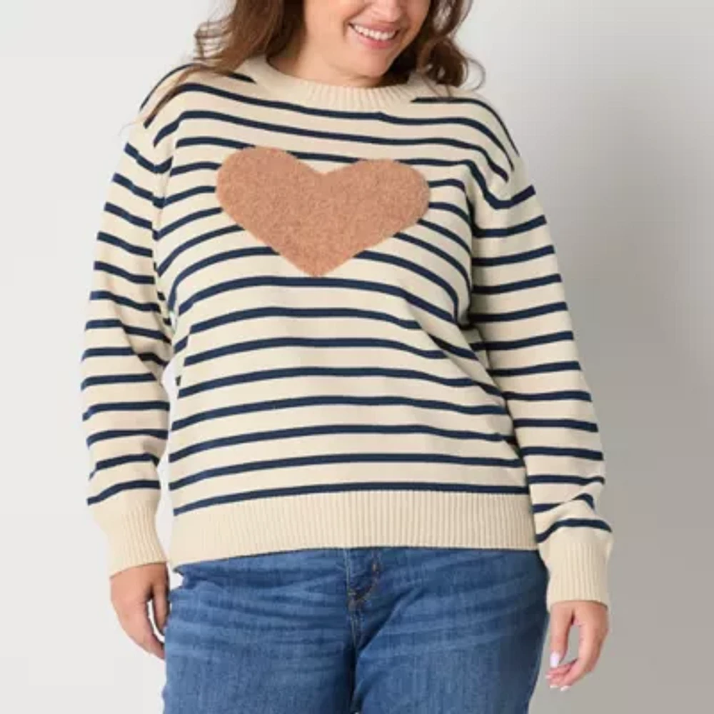 St. John's Bay Plus Womens Crew Neck Long Sleeve Striped Pullover Sweater