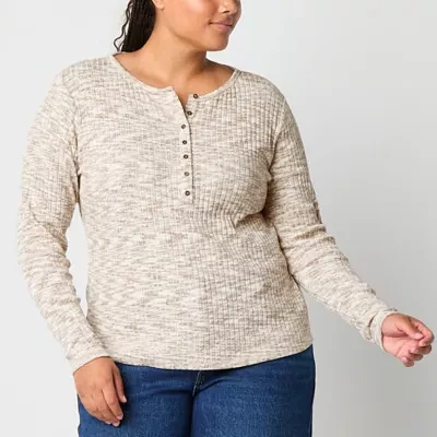 a.n.a Plus Womens Long Sleeve Ribbed Henley Shirt