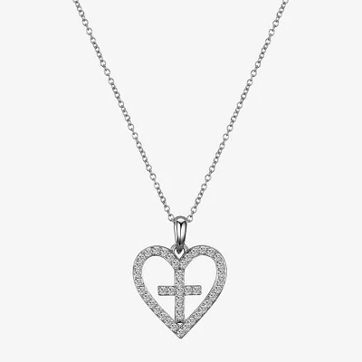 Gratitude & Grace Faith Cubic Zirconia Pure Silver Over Brass 16 Inch Cable Cross Heart Pendant Necklace