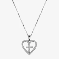 Gratitude & Grace Faith Cubic Zirconia Pure Silver Over Brass 16 Inch Cable Cross Heart Pendant Necklace