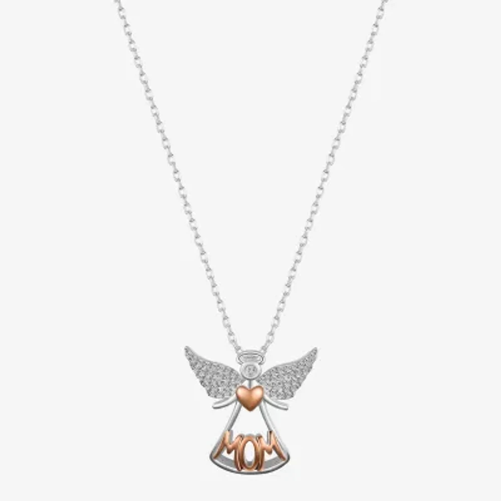 Gratitude & Grace Mom Cubic Zirconia 14K Gold Over Brass Pure Silver Over Brass 16 Inch Cable Angel Pendant Necklace