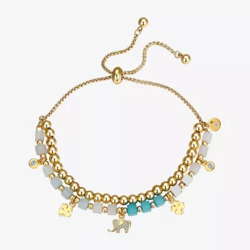 Footnotes Luck Elephant Cubic Zirconia 14K Gold Over Brass Pure Silver Over Brass Bead Clover Bolo Bracelet