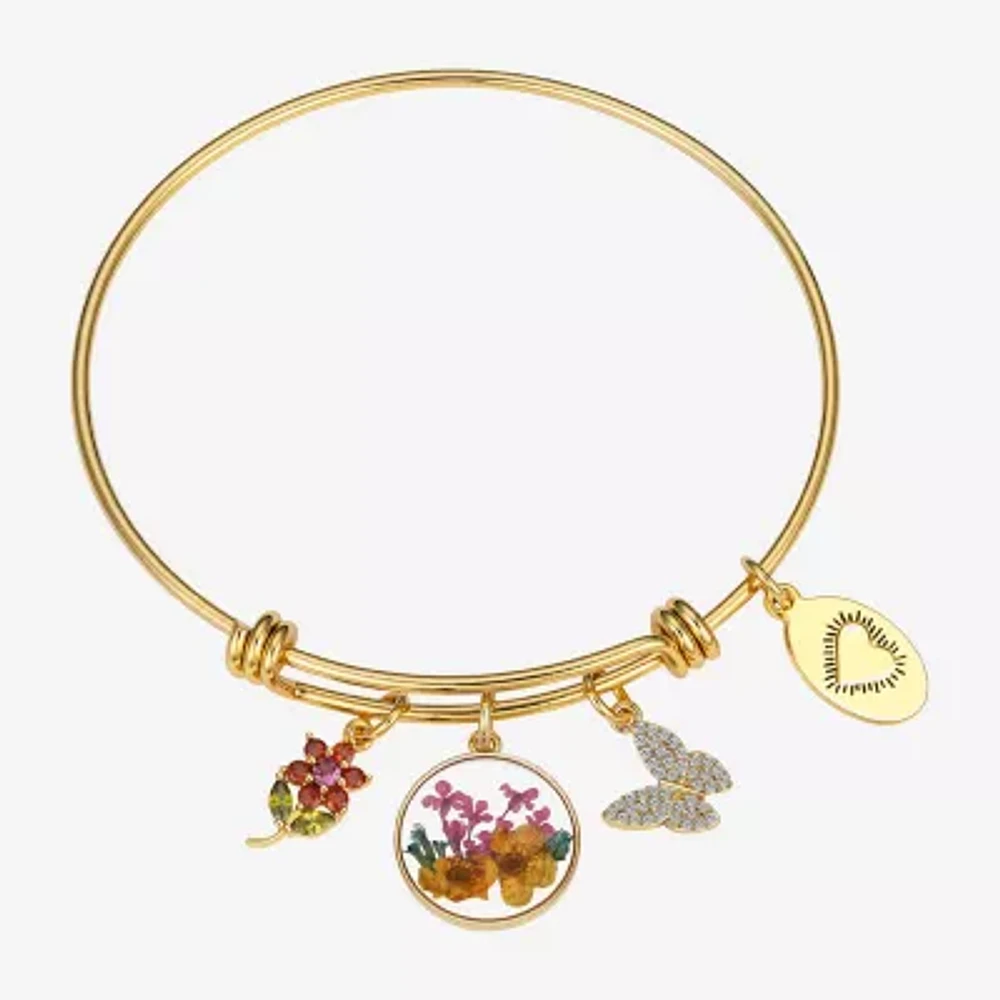 Footnotes Hope Pressed Flowers 14K Gold Over Brass Pure Silver Over Brass Semisolid Butterfly Bangle Bracelet