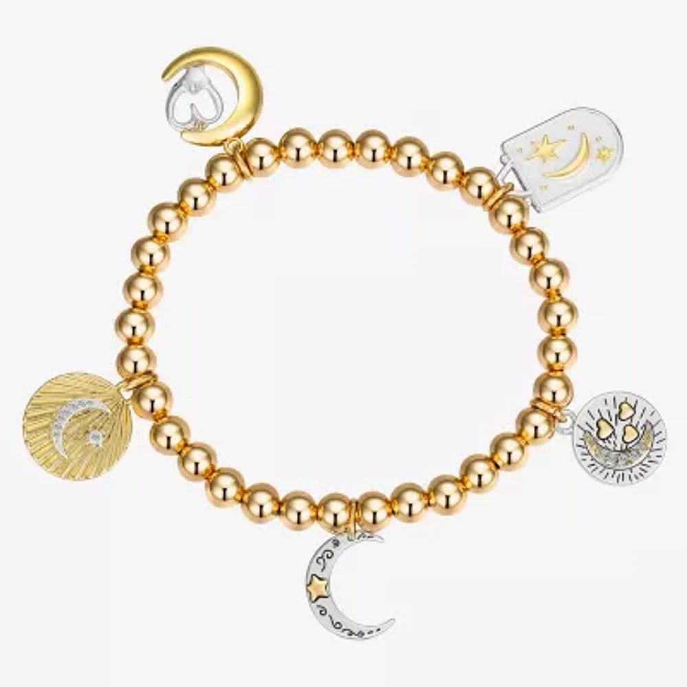 Footnotes Love Cubic Zirconia 14K Gold Over Brass Pure Silver Over Brass Bead Moon Star Stretch Bracelet