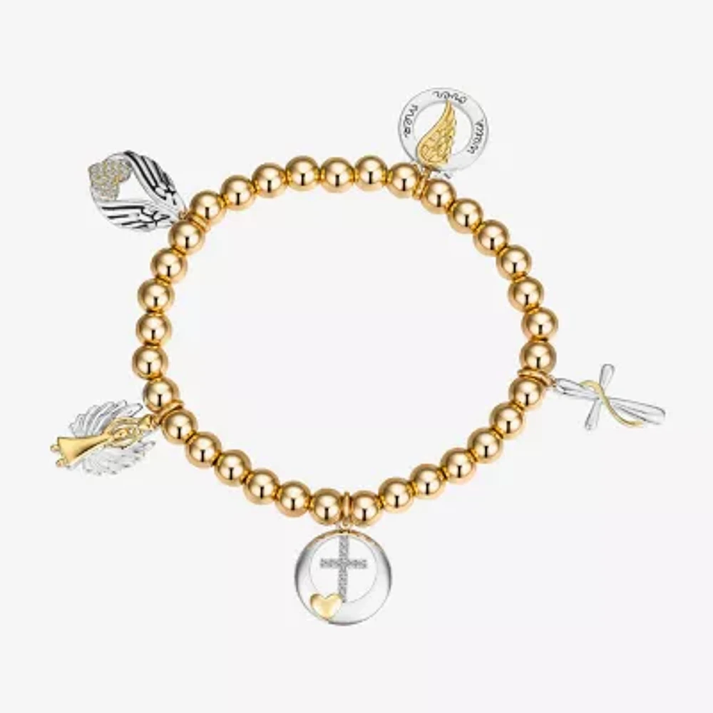 Footnotes Faith Cubic Zirconia 14k Rose Gold Over Brass Pure Silver Over Brass Bead Angel Cross Wing Stretch Bracelet