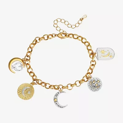 Footnotes Love Cubic Zirconia 14K Gold Over Brass Pure Silver Over Brass Link Moon Star Charm Bracelet