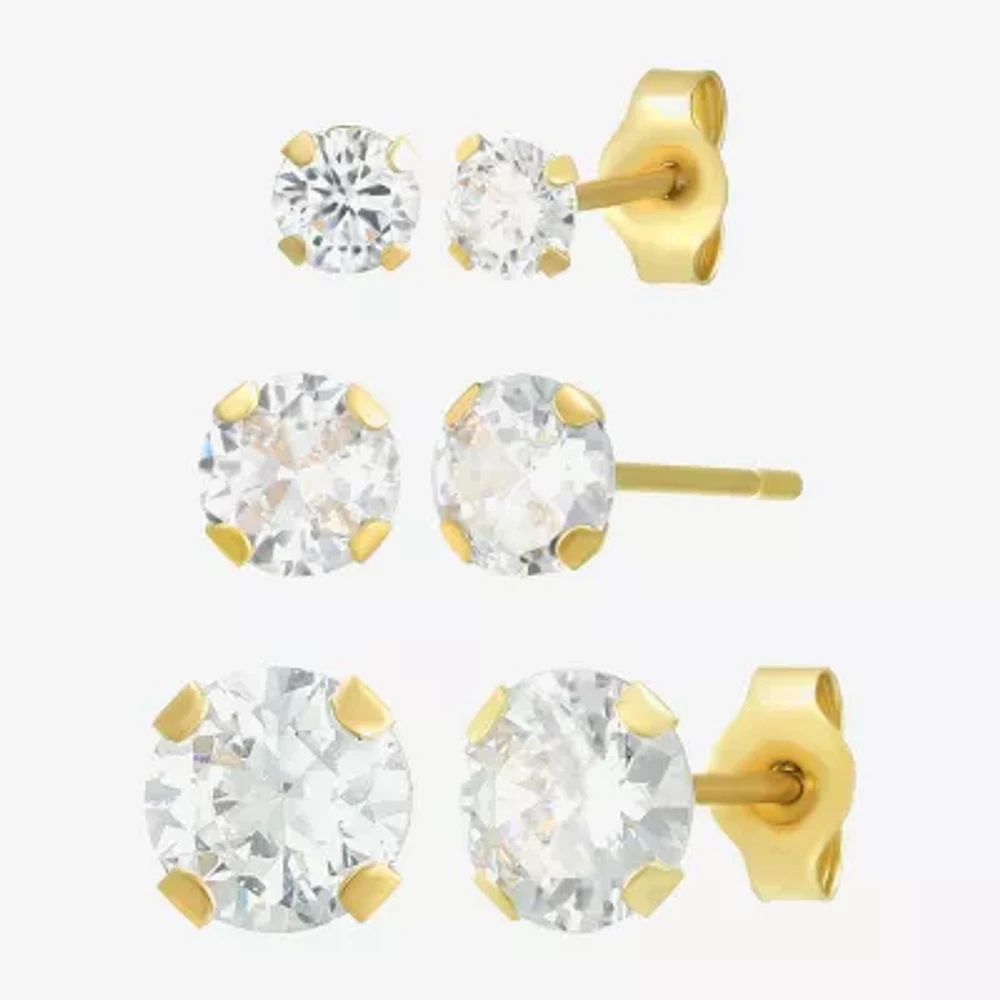 White Cubic Zirconia 14K Gold Round 3 Pair Earring Set