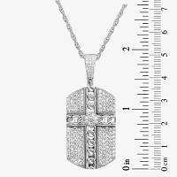 Mens White Cubic Zirconia Sterling Silver Cross Dog Tag 24 Inch Pendant Necklace