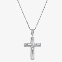 Mens White Cubic Zirconia Sterling Silver Cross Pendant Necklace