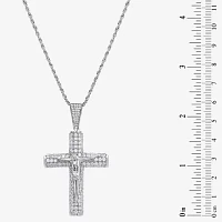 Mens White Cubic Zirconia Sterling Silver Cross Pendant Necklace