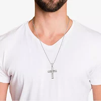 Mens White Cubic Zirconia Sterling Silver Cross Pendant Necklace