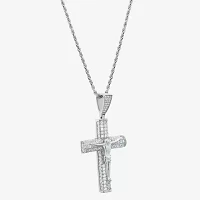 Mens White Cubic Zirconia Sterling Silver Cross Pendant Necklace