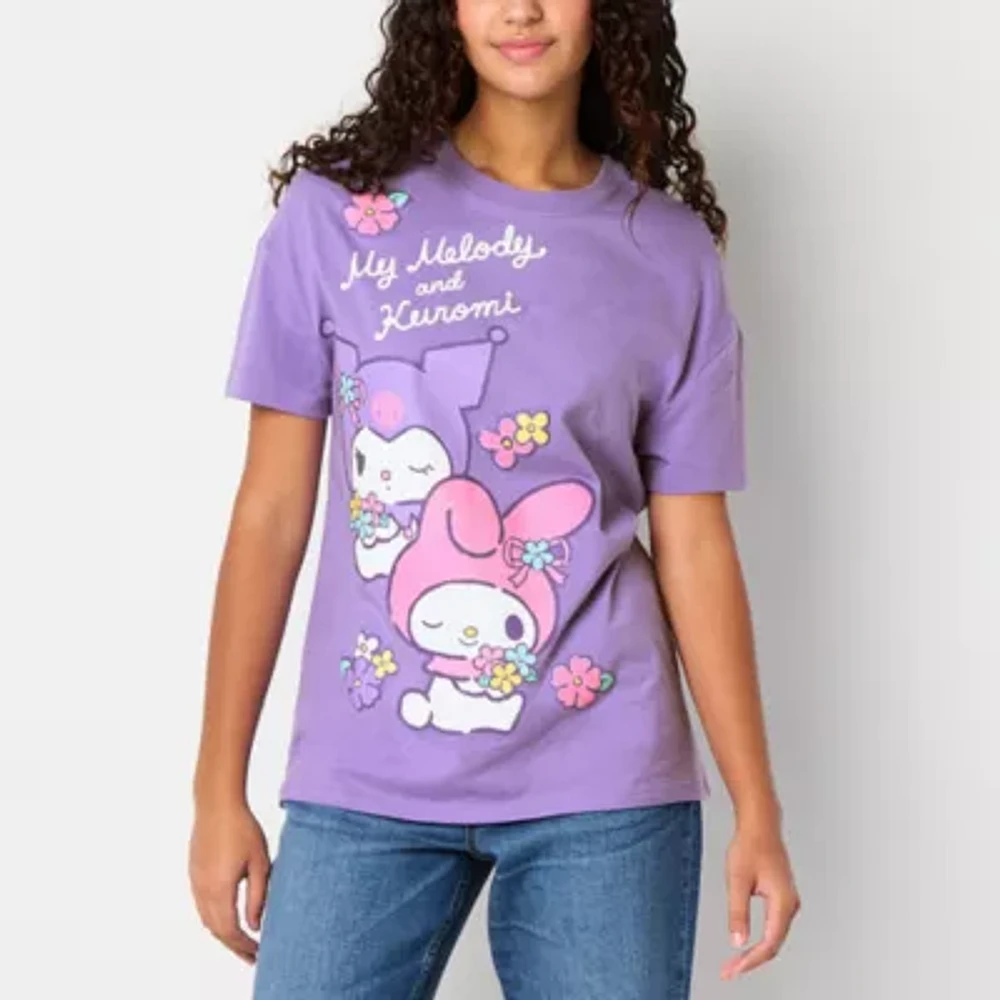 Juniors My Melody And Kuromi Tee Womens Crew Neck Short Sleeve Hello Kitty Graphic T-Shirt