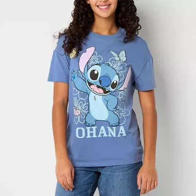 Juniors Stitch Ohana Boyfriend Womens Crew Neck Short Sleeve Graphic T-Shirt