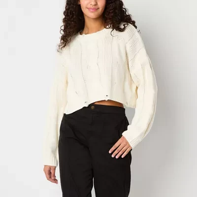 Forever 21 Juniors Cable Knit Cropped Womens Boat Neck Long Sleeve Pullover Sweater