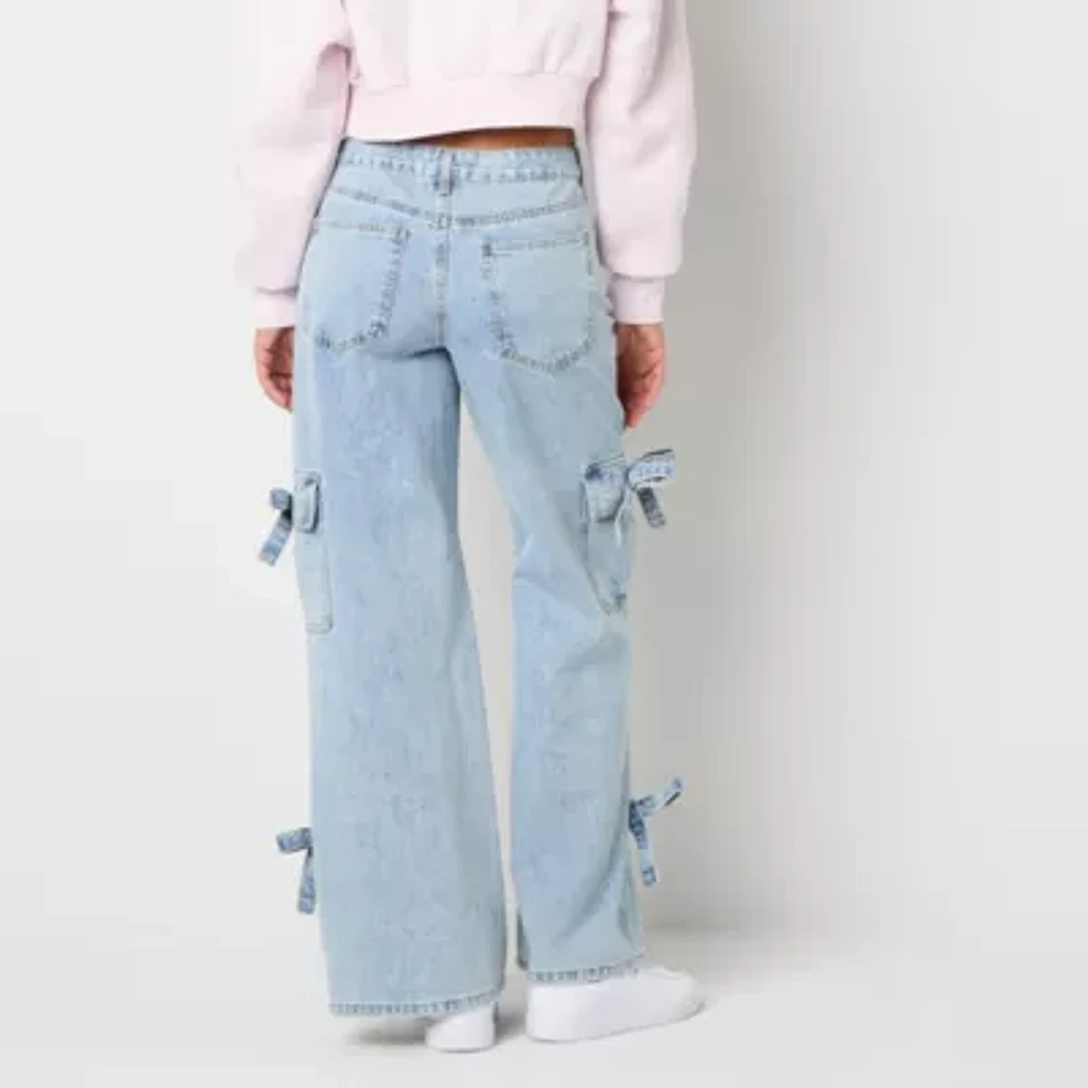 Forever 21 Juniors Bow Cargo Womens Mid Rise Loose Fit Jean