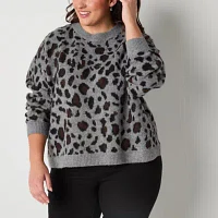 a.n.a Plus Womens Crew Neck Long Sleeve Animal Pullover Sweater