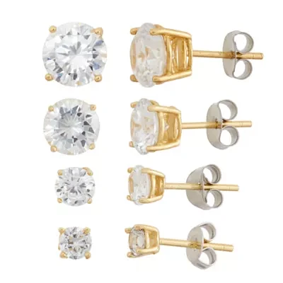 DiamonArt® White Cubic Zirconia 18K Gold Over Silver 4 Pair Earring Set