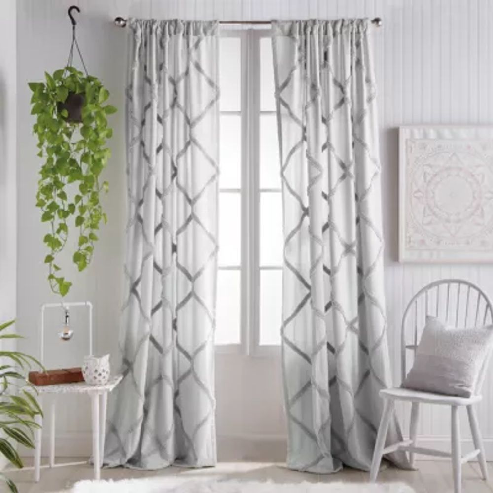 CHF Chenille Lattice Embroidered Light-Filtering Rod Pocket Back Tab Single Curtain Panel