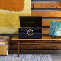 Victrola VTA-270B 6-in-1 Wood Bluetooth Mid-Century Record Player with 3-Speed Turntable, CD, Cassette and Radio