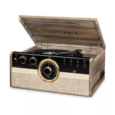 Victrola VTA-270B 6-in-1 Wood Bluetooth Mid-Century Record Player with 3-Speed Turntable, CD, Cassette and Radio