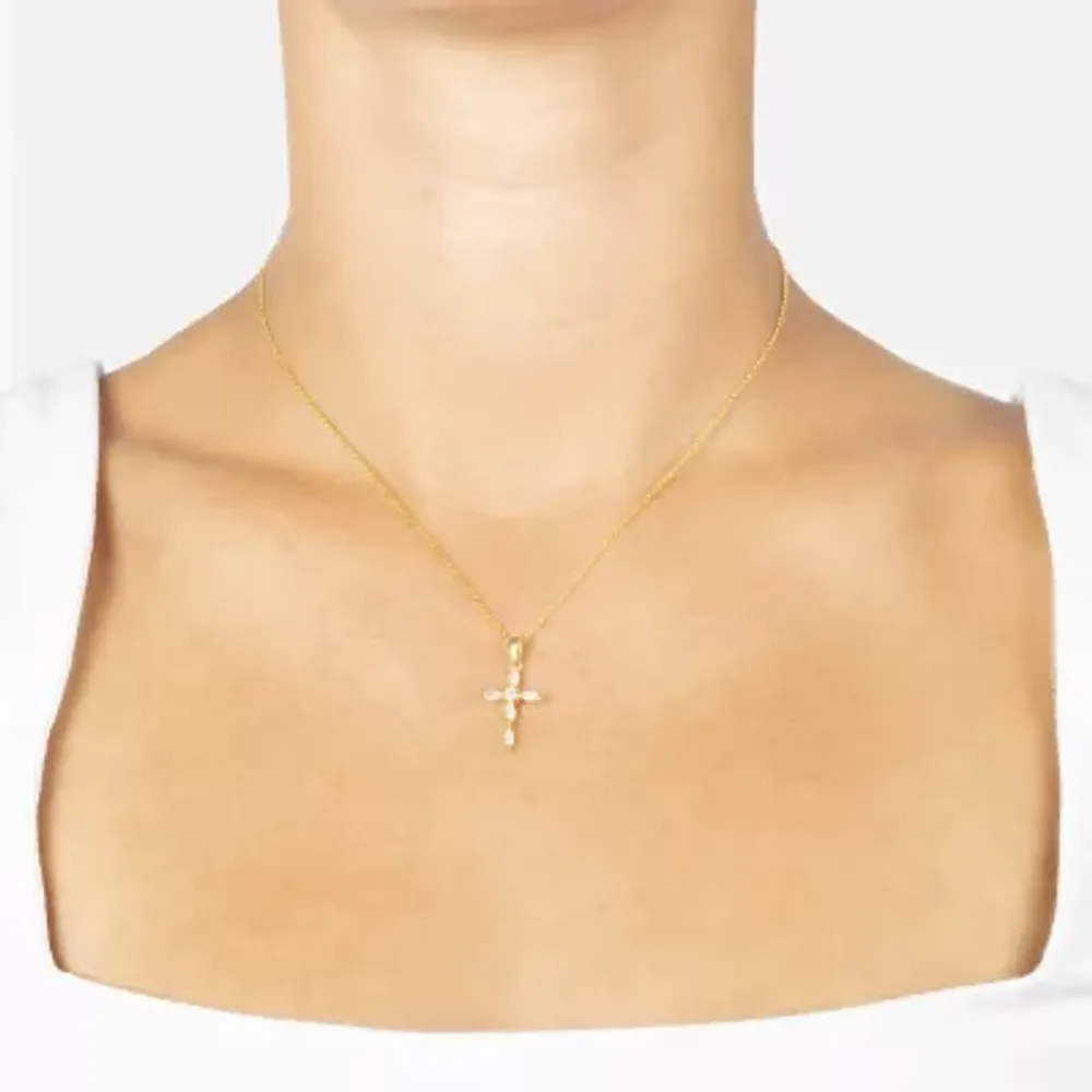 Silver Treasures Cubic Zirconia 14K Gold Over Silver 18 Inch Cable Cross Pendant Necklace