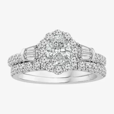 Signature By Modern Bride (H-I / Si2-I1) Womens 2 CT. T.W. Lab Grown White Diamond 10K White Gold Oval Side Stone Halo Bridal Set