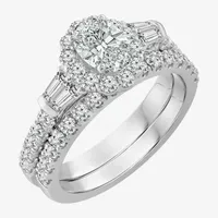 Signature By Modern Bride (H-I / Si2-I1) Womens 2 CT. T.W. Lab Grown White Diamond 10K White Gold Oval Side Stone Halo Bridal Set