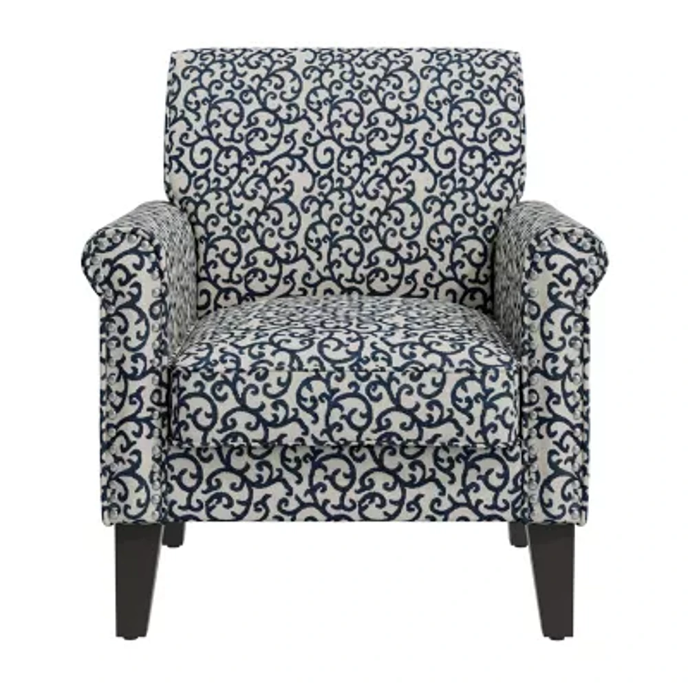 Jean Traditional Rolled Arm Accent Chair with Pewter Nailheads Curly Vine Pattern