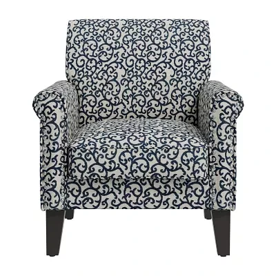 Jean Traditional Rolled Arm Accent Chair with Pewter Nailheads Curly Vine Pattern