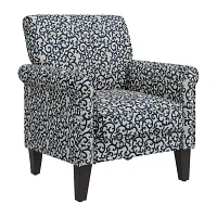 Jean Traditional Rolled Arm Accent Chair with Pewter Nailheads Curly Vine Pattern