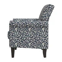 Jean Traditional Rolled Arm Accent Chair with Pewter Nailheads Curly Vine Pattern